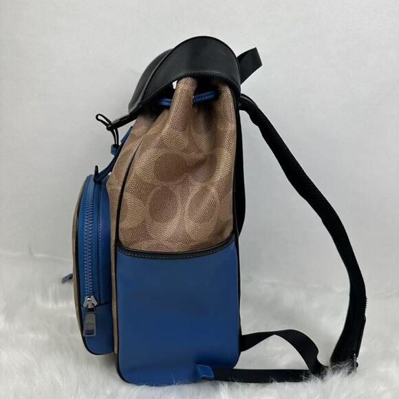 Coach Racer Backpack In Blocked Signature Canvas & Leather Tan/Blue NWT CY775 - Picture 2 of 13